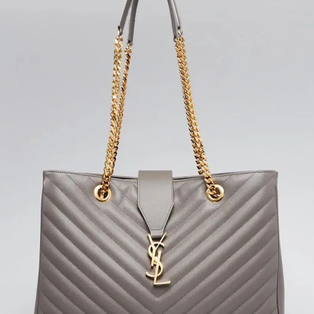 Yves Saint Laurent Gray Chevron Quilted Tote with Gold Chain Handles